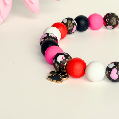 Black Pink White & Red Silicone Heart Print Dog Beads