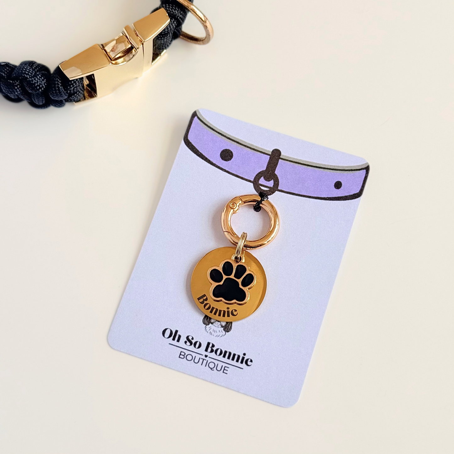 Black and Gold Paw Print Dog Collar Charm & ID Tag With Name or ‘I’m Chipped’