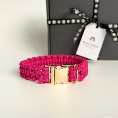 ‘Fuschia Pink’ custom made braided Paracord dog collar with metal buckle