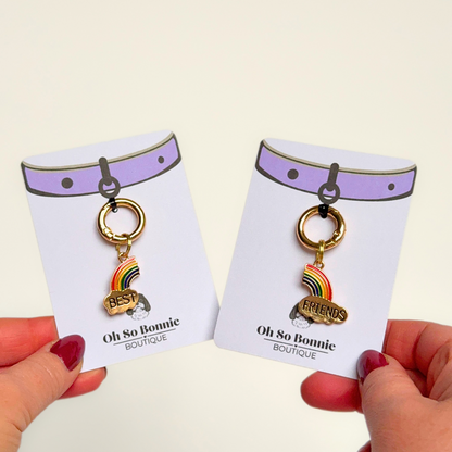 Set of two ‘best friends’ matching dog collar charm and keyring. With enamel rainbow gold plated charms, on secure carabiner style O-rings, for easy use. Pictured being held on the display cards.