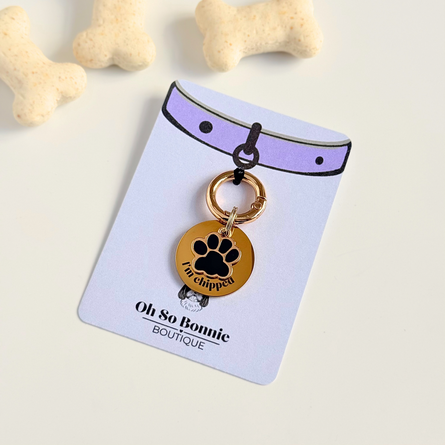 Black and Gold Paw Print Dog Collar Charm & ID Tag With Name or ‘I’m Chipped’