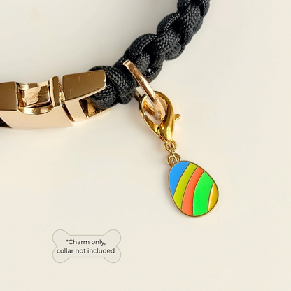 Colourful striped Easter egg enamel dog collar charm that easily attaches to collars and harnesses with a gold plated lobster clasp. Pictured attached to a black paracord dog collar.￼