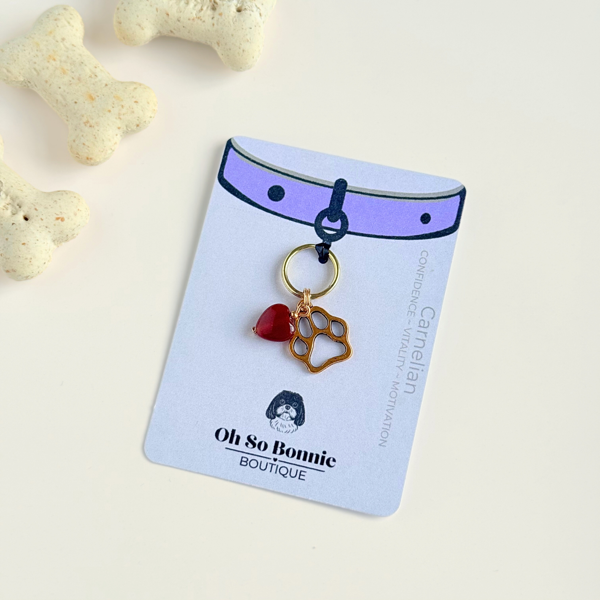 Crystal for dogs pet collar charm featuring a 10mm red carnelian heart shaped bead and a brass gold coloured paw print tag. A stone for confidence, vitality and motivation. On the display card.