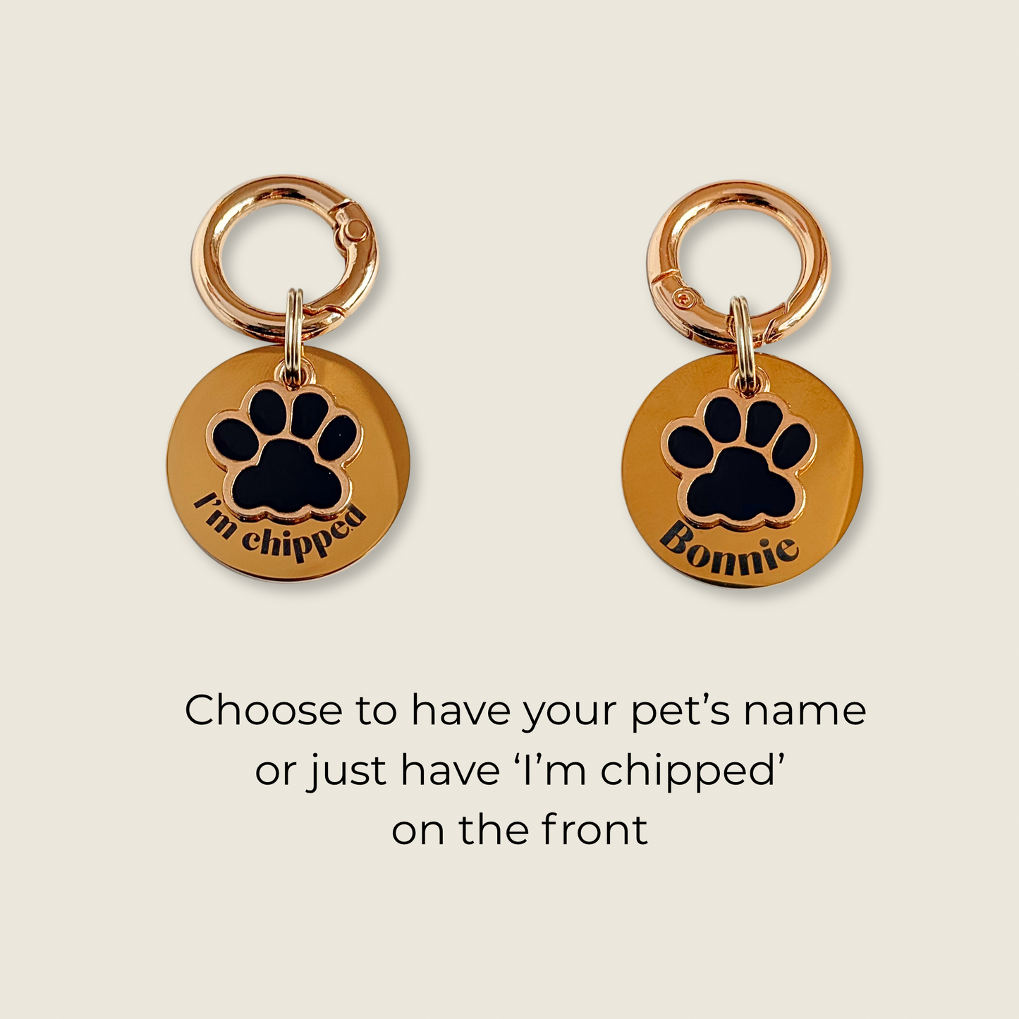 Black and Gold Paw Print Dog Collar Charm & ID Tag With Name or ‘I’m Chipped’
