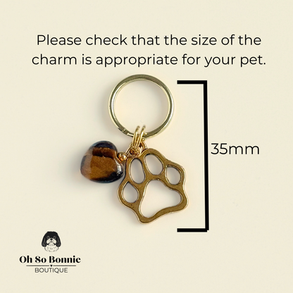Crystal for dogs pet collar charm featuring a 10mm tigers eye heart shaped bead and a brass gold coloured paw print tag. Pictured showing dimensions.