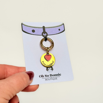 ‘Free Cuddles’ Red Enamel Heart Gold Dog Collar Charm & Engraved ID Tag