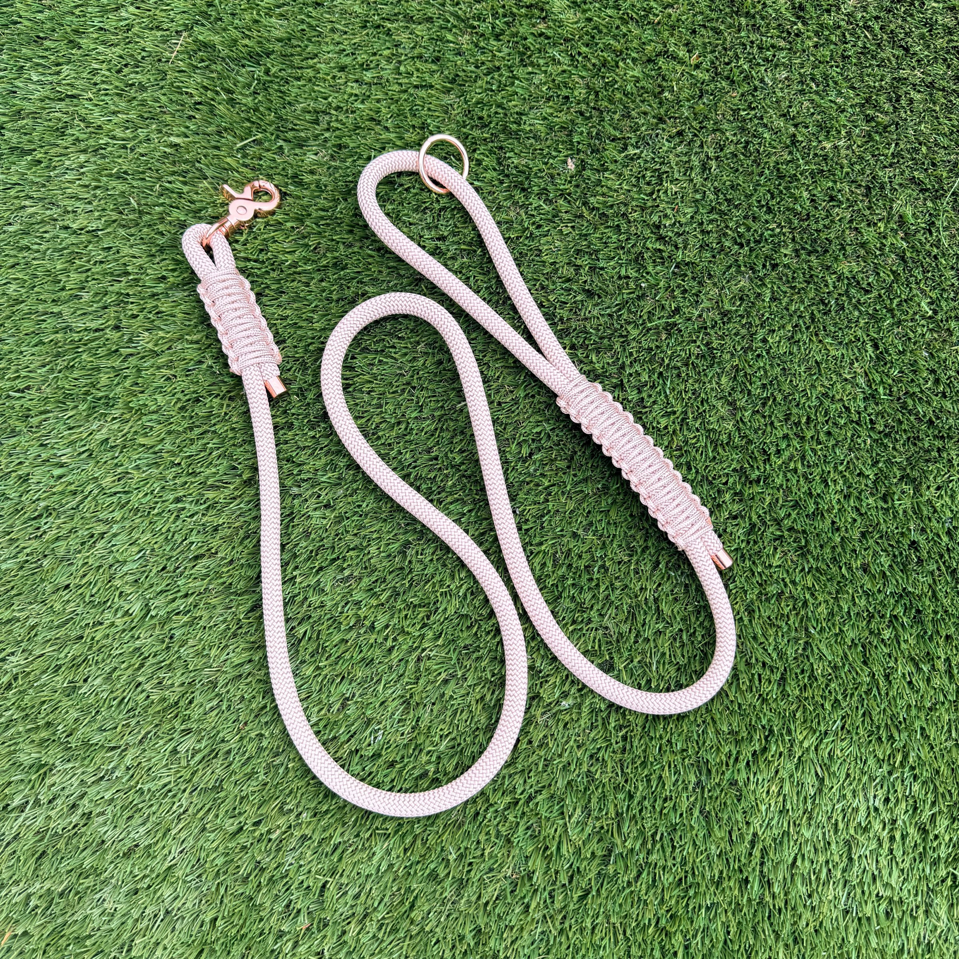 Custom made ‘pearl rose’ beige/champagne coloured nylon rope dog lead with choice of metal hardware. Four lengths available. Easy strong grip handle. Shown on the lawn.