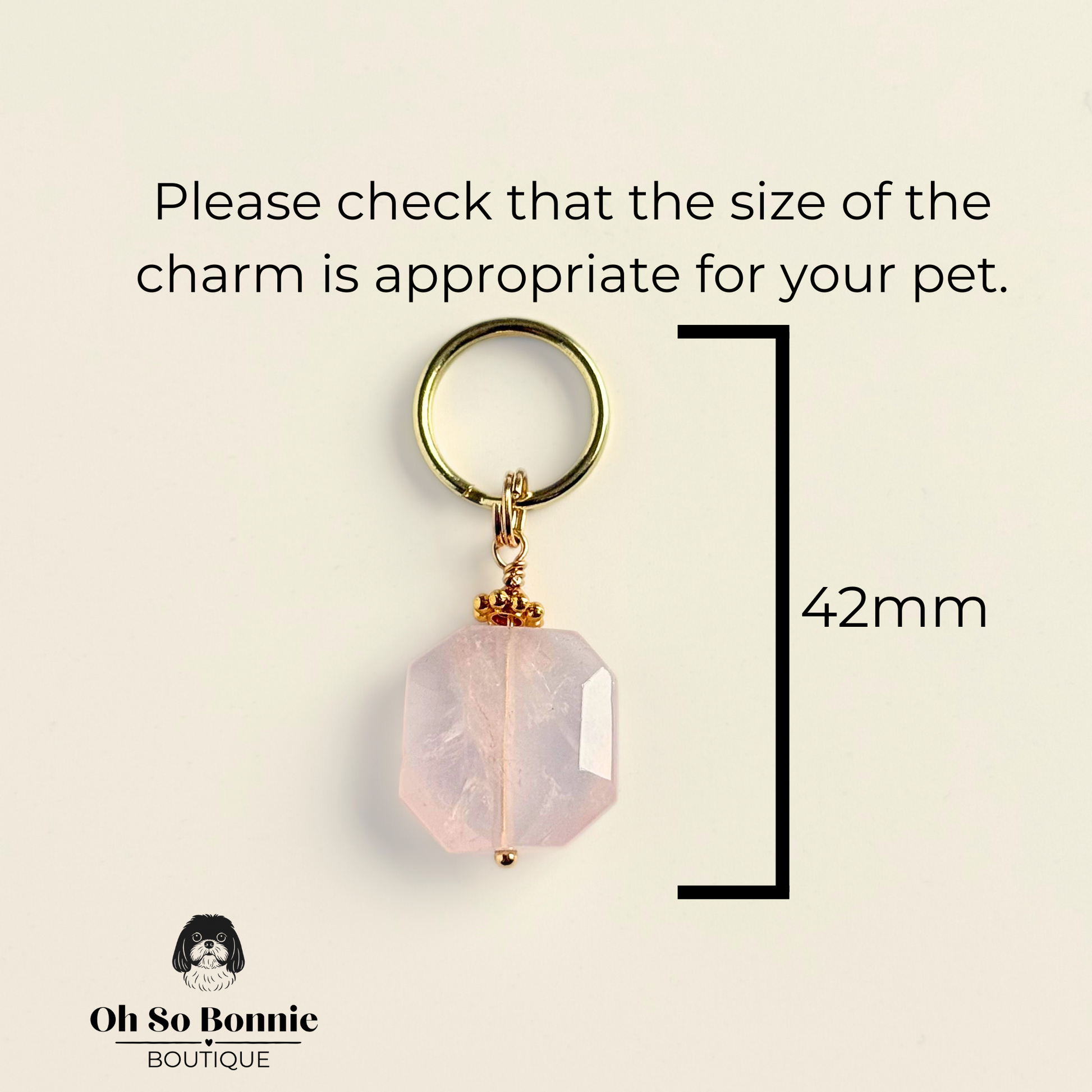 Handmade dog collar charm featuring a 17mm pink rose quartz natural gemstone faceted square crystal bead. Hung on a gold plated brass split ring with a daisy gold spacer bead that attaches onto your pet collar. Rose quartz can help pets with love, comfort and calming. Pictured showing dimensions.