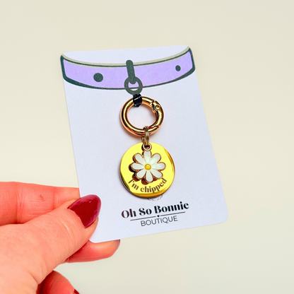 Gold white daisy flower dog collar ID tag, Enamel floral charm with the words ‘I’m chipped’ and address details. easily clips onto collar or harness. Pictured being held on the display card.