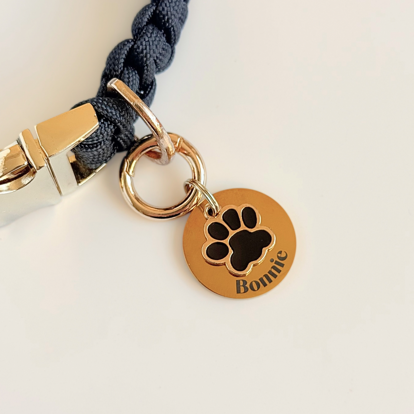 Black and Gold Paw Print Dog Collar Charm & ID Tag With Name or ‘I’m Chipped’