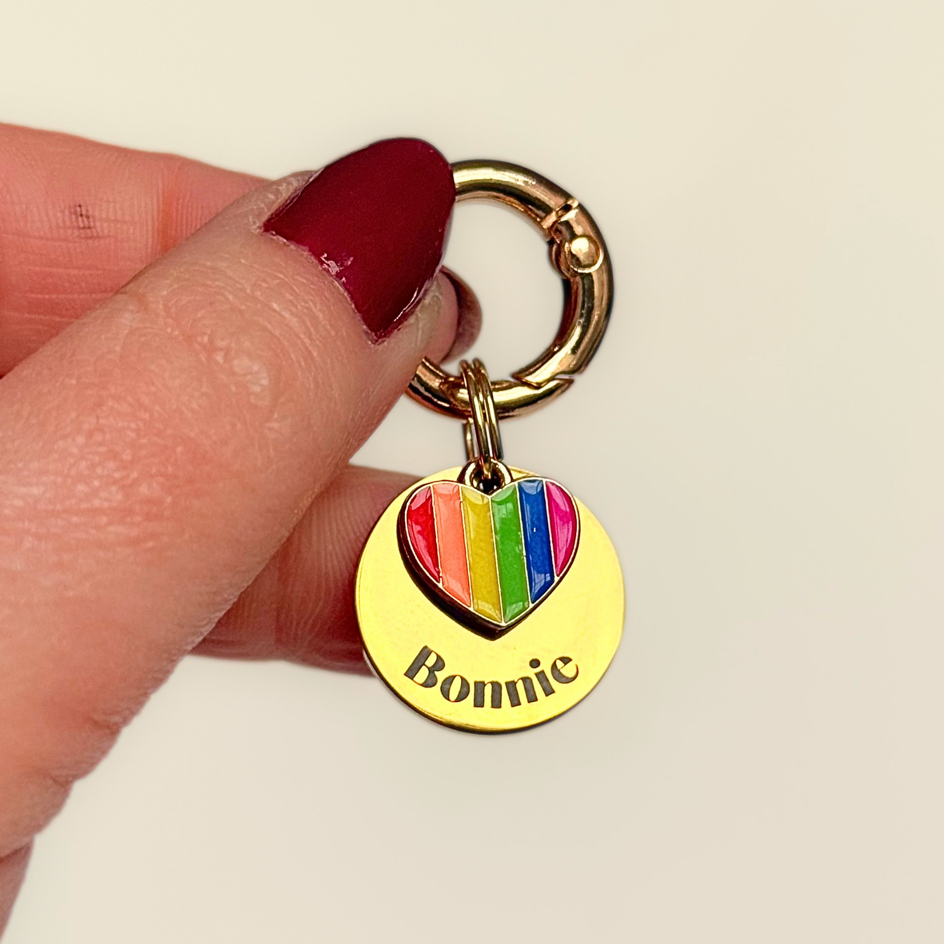 Gold brass rainbow striped heart dog collar ID tag, Enamel charm with dog name and address details. easily clips onto collar or harness. Pictured being held against a cream background.