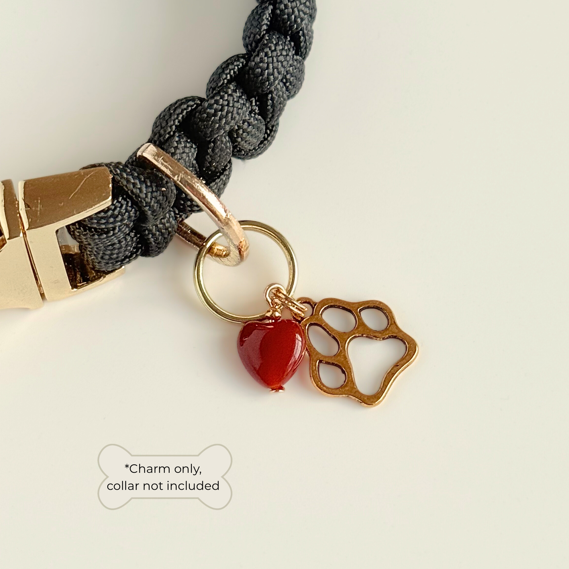Crystal for dogs pet collar charm featuring a 10mm red carnelian heart shaped bead and a brass gold coloured paw print tag. A stone for confidence, vitality and motivation. Pictured attached to a black paracord dog collar.