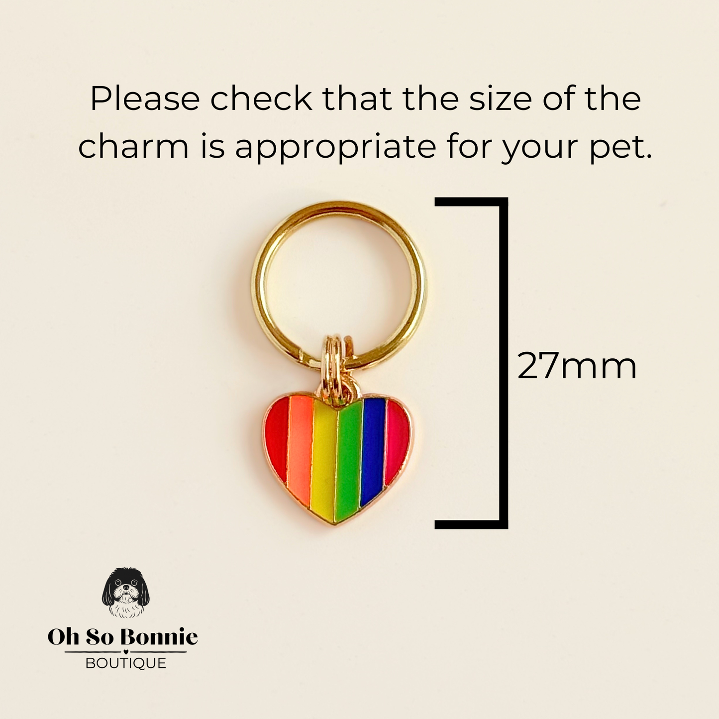 Rainbow striped heart shaped dog collar charm made with an enamel charm and a gold plated brass split ring. Pictured showing the dimensions of the charm.