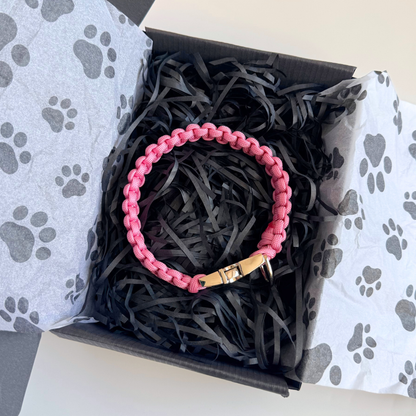 ‘Lavender pink’ handmade paracord dog collar with silver coloured buckle clasp. Custom made to your required size. Braided macrame style pet neckwear. Pictured in front of the gift box. Pictured in gift box.