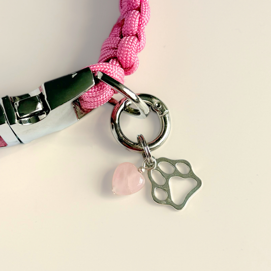 Crystal for dogs pet collar charm featuring a 10mm rose quartz heart shaped bead and a brass silver coloured paw print tag. A stone for love, calm and comfort. Pictured attached to a pink paracord dog collar against a cream background.
