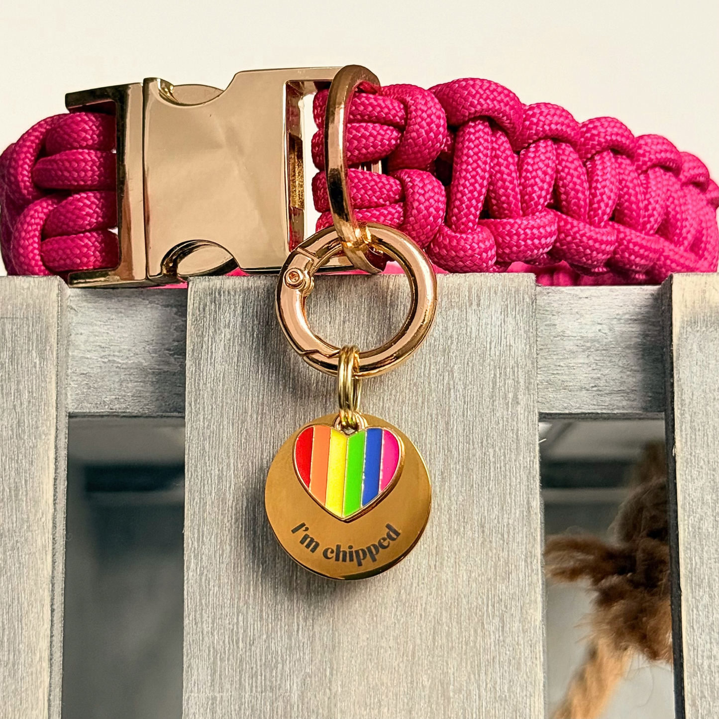 Gold brass rainbow striped heart dog collar ID tag, Enamel charm with dog name and address details. easily clips onto collar or harness. Pictured attached to a pink paracord dog collar.