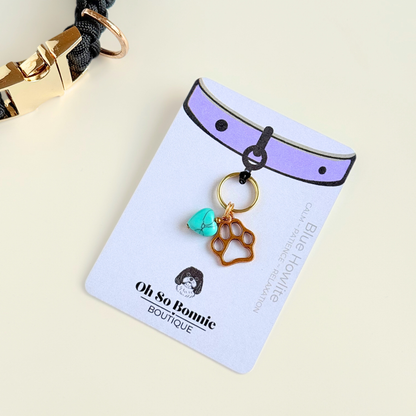 Crystal for dogs pet collar charm featuring a 10mm turquoise blue howlite heart shaped bead and a brass gold coloured paw print tag. Pictured on the display card next to a black paracord dog collar.