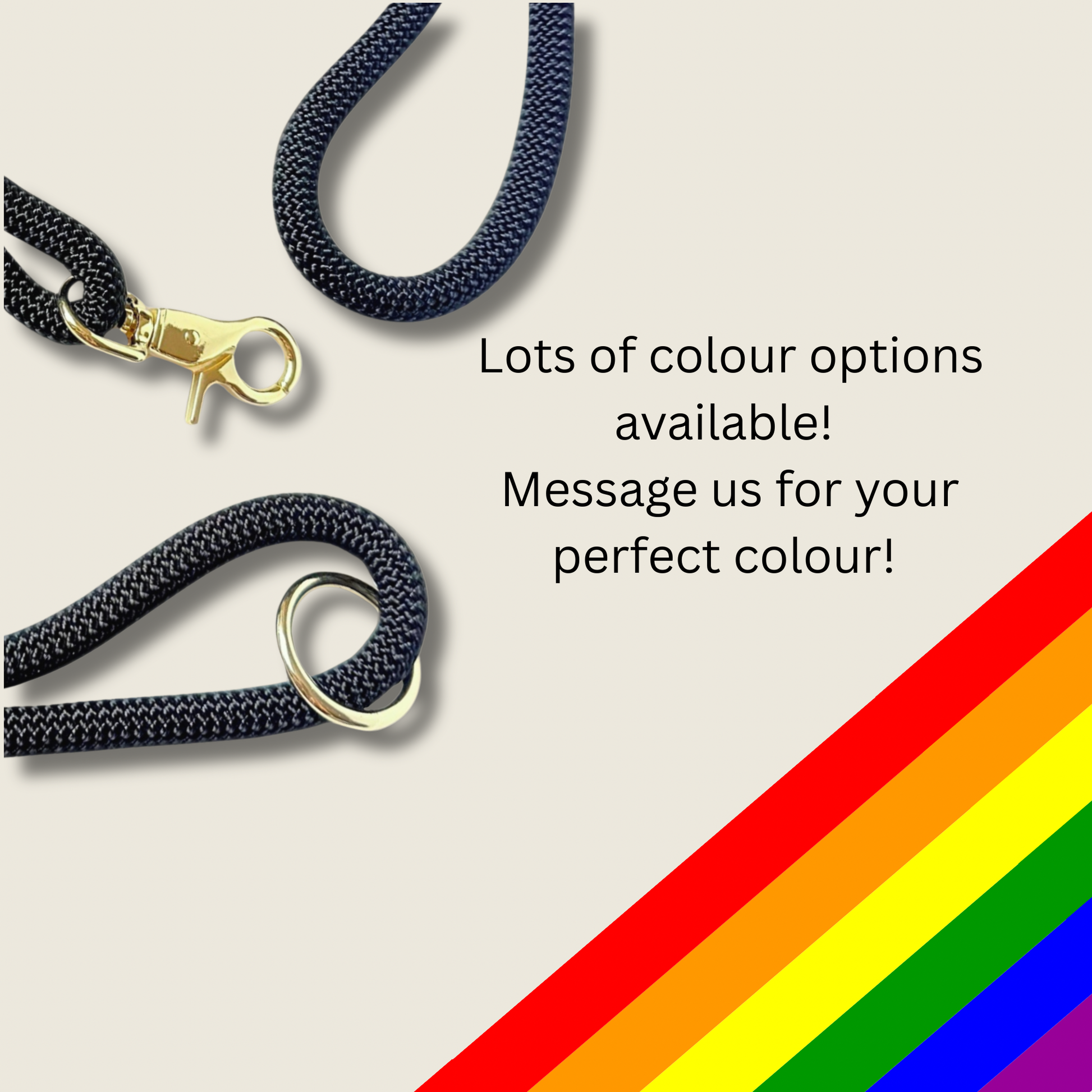 Custom made black nylon rope dog lead with choice of metal hardware. Four lengths available. Easy strong grip handle.