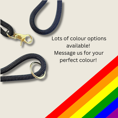 Custom made black nylon rope dog lead with choice of metal hardware. Four lengths available. Easy strong grip handle.