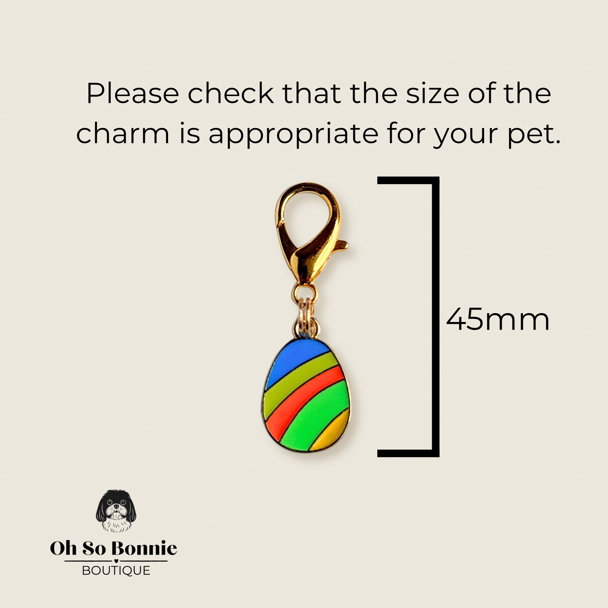Colourful striped Easter egg enamel dog collar charm that easily attaches to collars and harnesses with a gold plated lobster clasp. Pictured showing the dimensions.￼