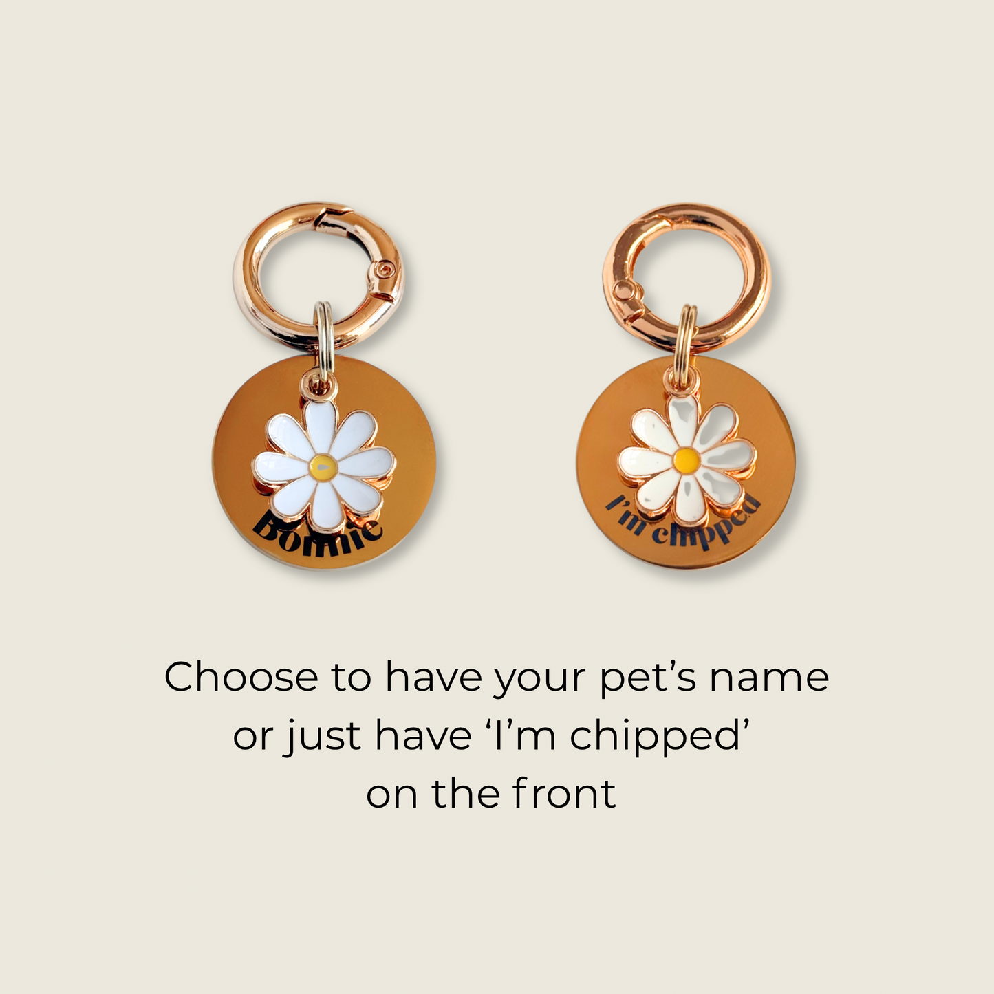 Gold white daisy flower dog collar ID tag, Enamel floral charm with dog name or ‘I’m chipped’ and address details. easily clips onto collar or harness. Picture shows choice of two options.