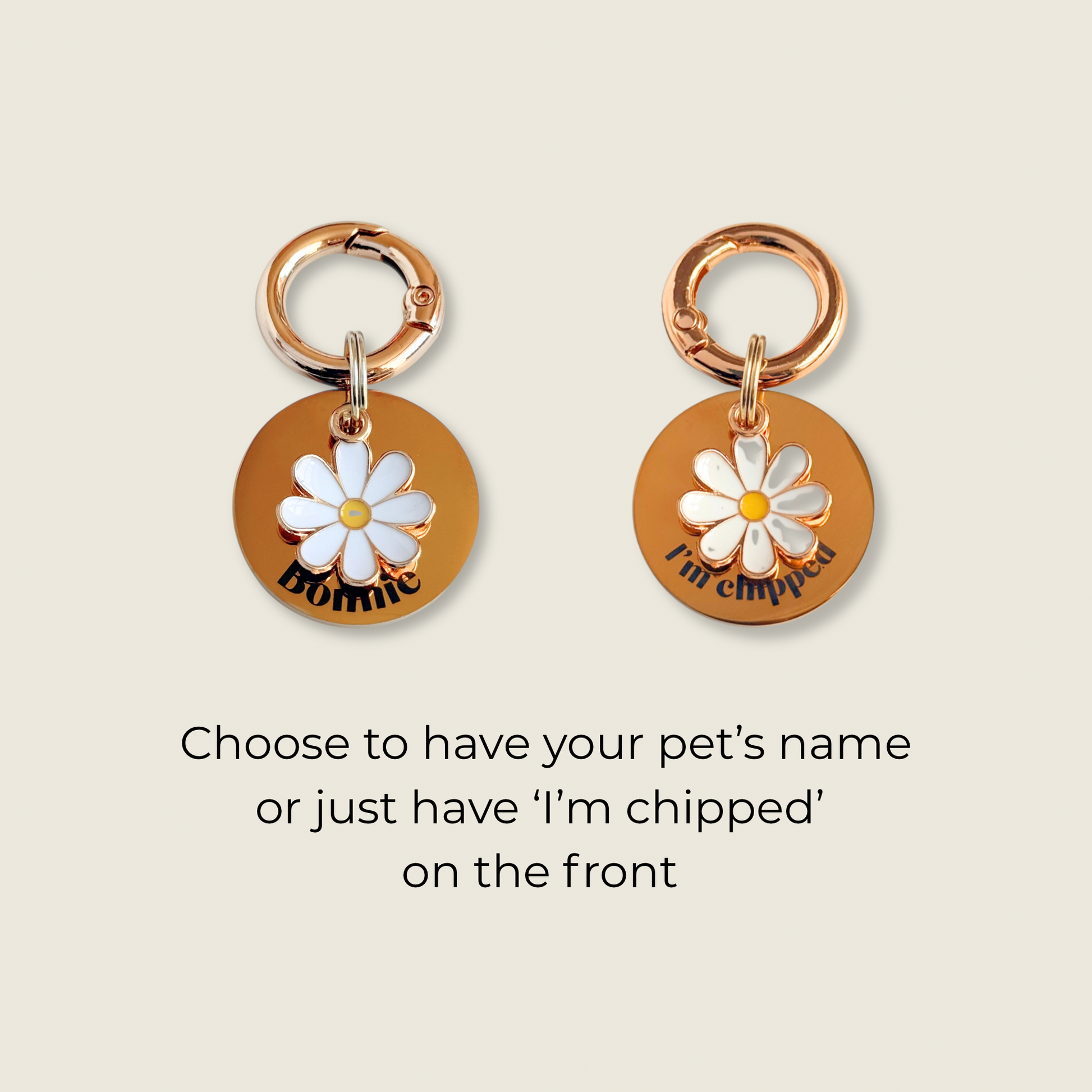Gold white daisy flower dog collar ID tag, Enamel floral charm with dog name or ‘I’m chipped’ and address details. easily clips onto collar or harness. Picture shows choice of two options.