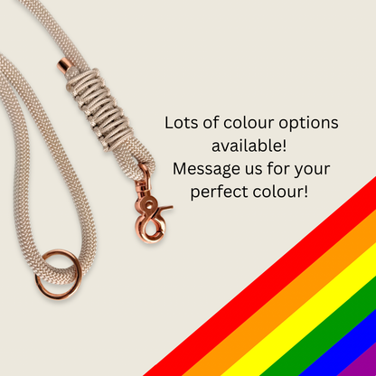 Custom made ‘pearl rose’ beige/champagne coloured nylon rope dog lead with choice of metal hardware. Four lengths available. Easy strong grip handle.