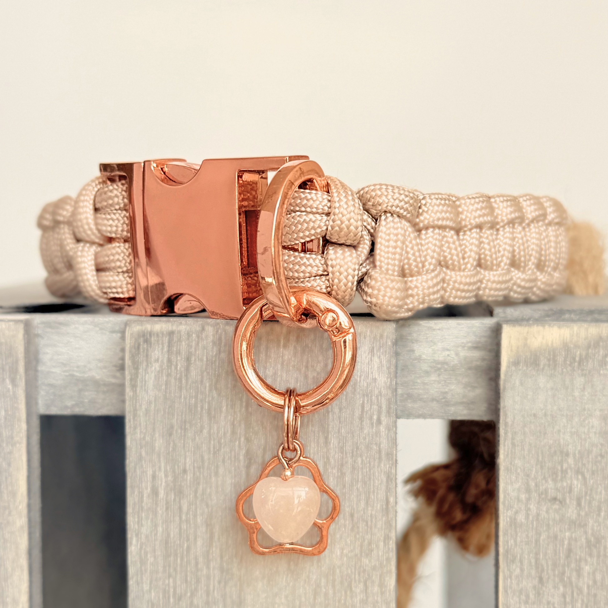 Crystal for dogs pet collar charm featuring a 10mm rose quartz heart shaped bead and a brass rose-gold coloured paw print tag. A stone for love, calm and comfort. Pictured attached to a pink dog collar.