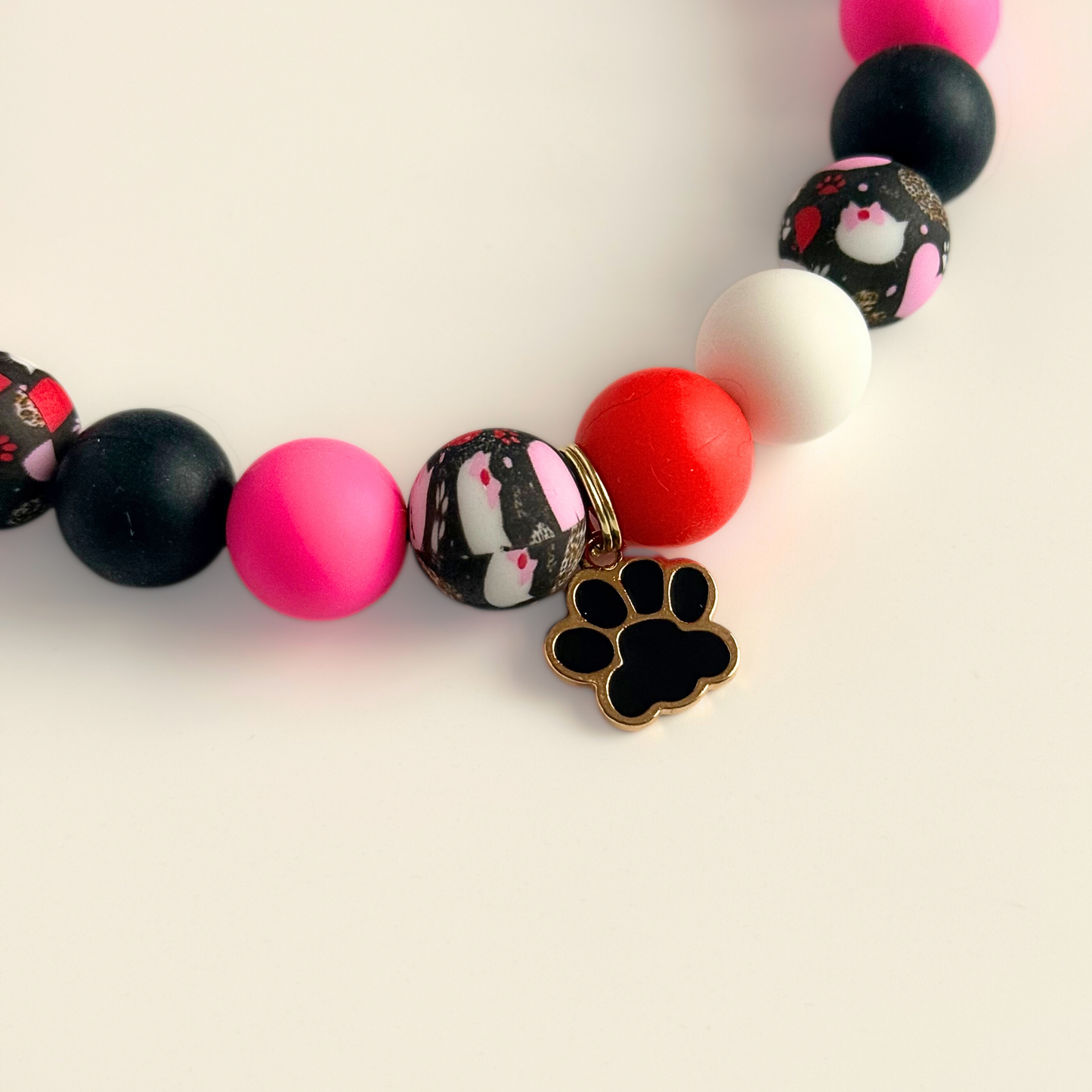 Black Pink White & Red Silicone Heart Print Dog Beads