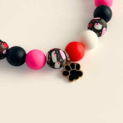 Black Pink White & Red Silicone Heart Print Dog Beads