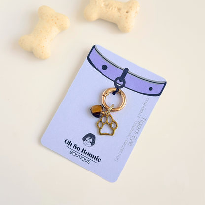 Crystal for dogs pet collar charm featuring a 10mm tigers eye heart shaped bead and a brass gold coloured paw print tag. Pictured on the display card next to some dog biscuits.