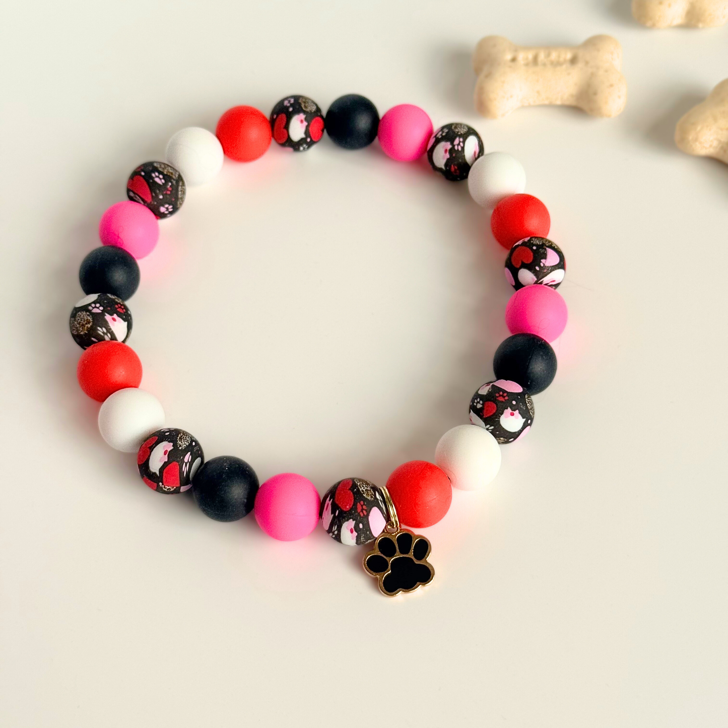 Black Pink White & Red Silicone Heart Print Dog Beads