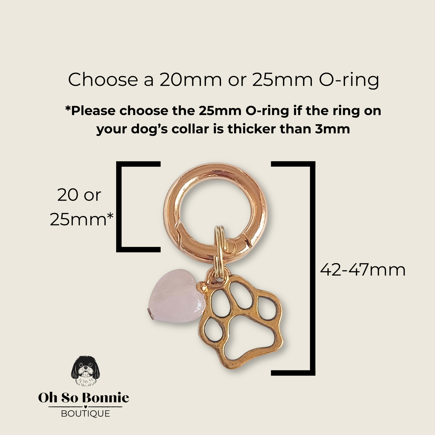 Crystal for dogs pet collar charm featuring a 10mm rose quartz heart shaped bead and a brass gold coloured paw print tag. A stone for love, calm and comfort. Pictured showing the dimensions.