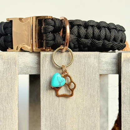 Crystal for dogs pet collar charm featuring a 10mm turquoise blue howlite heart shaped bead and a brass gold coloured paw print tag. Close up picture attached to a black paracord dog collar.