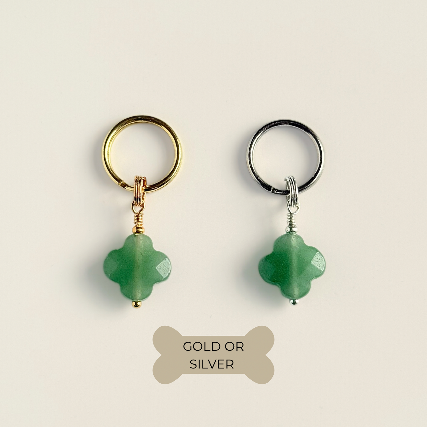 Green aventurine four leaf clover shaped crystal dog collar charm. Crystals for dogs, gemstone for optimism, healing and comfort. Available in a gold or silver finish.