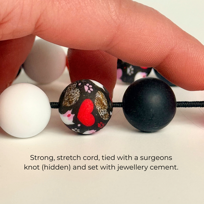 Black Pink White & Red Silicone Heart Print Dog Beads