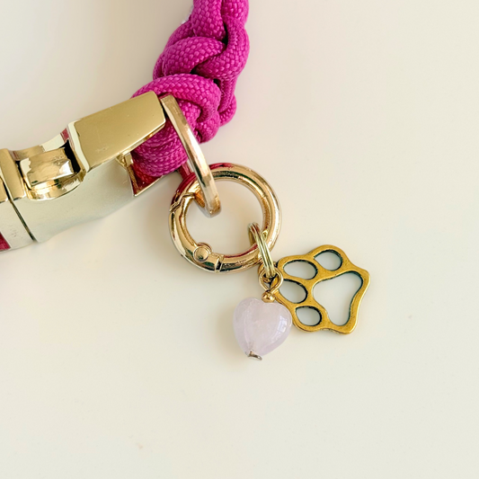 Crystal for dogs pet collar charm featuring a 10mm rose quartz heart shaped bead and a brass gold coloured paw print tag. A stone for love, calm and comfort. Pictured attached to a pink paracord dog collar against a cream background.