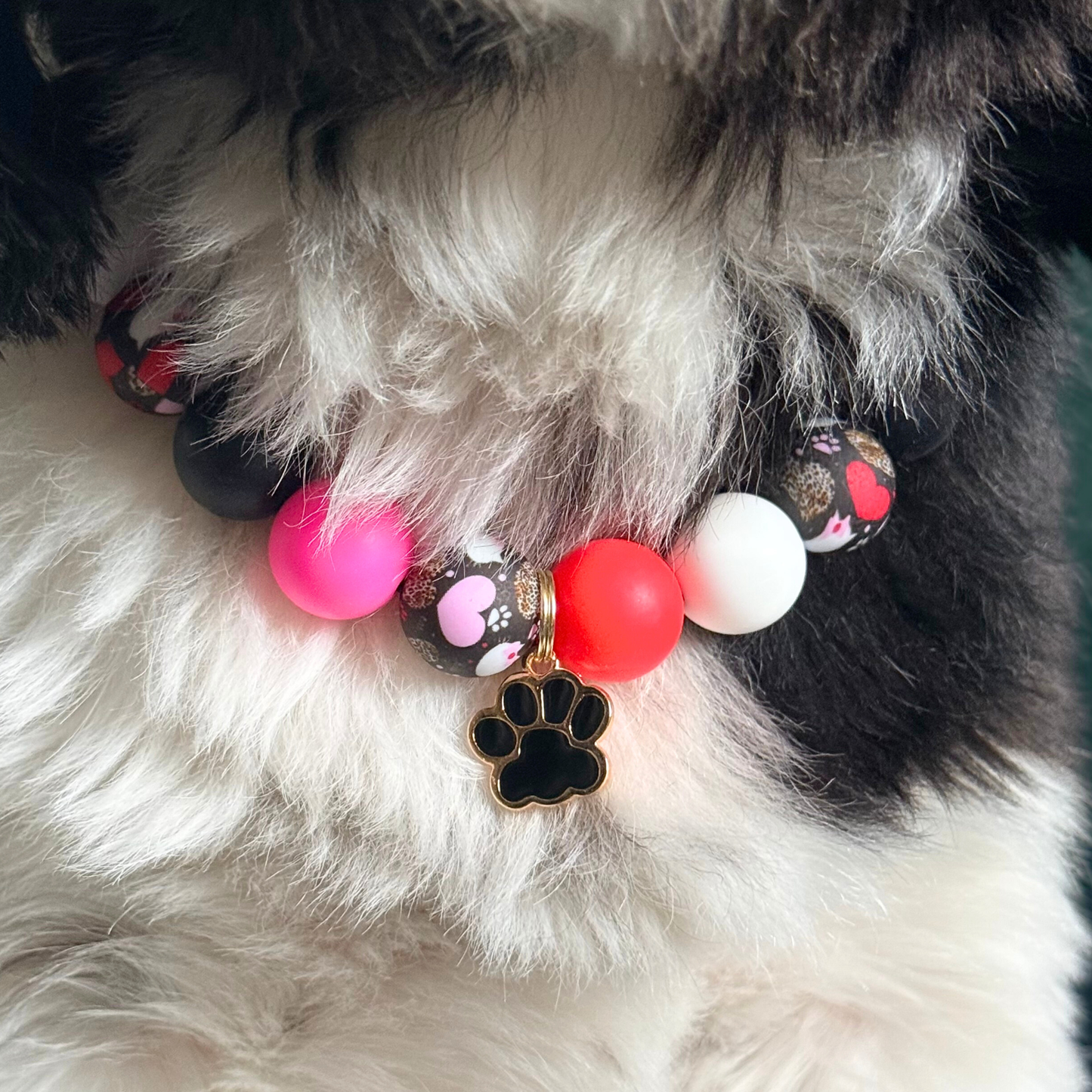Black Pink White & Red Silicone Heart Print Dog Beads