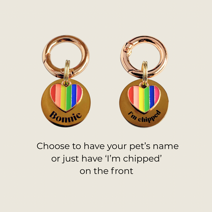 Gold brass rainbow striped heart dog collar ID tag, Enamel charm with dog name and address details. easily clips onto collar or harness. Picture shows option of having your dog‘s name or the words ‘I’m chipped’ on the front.