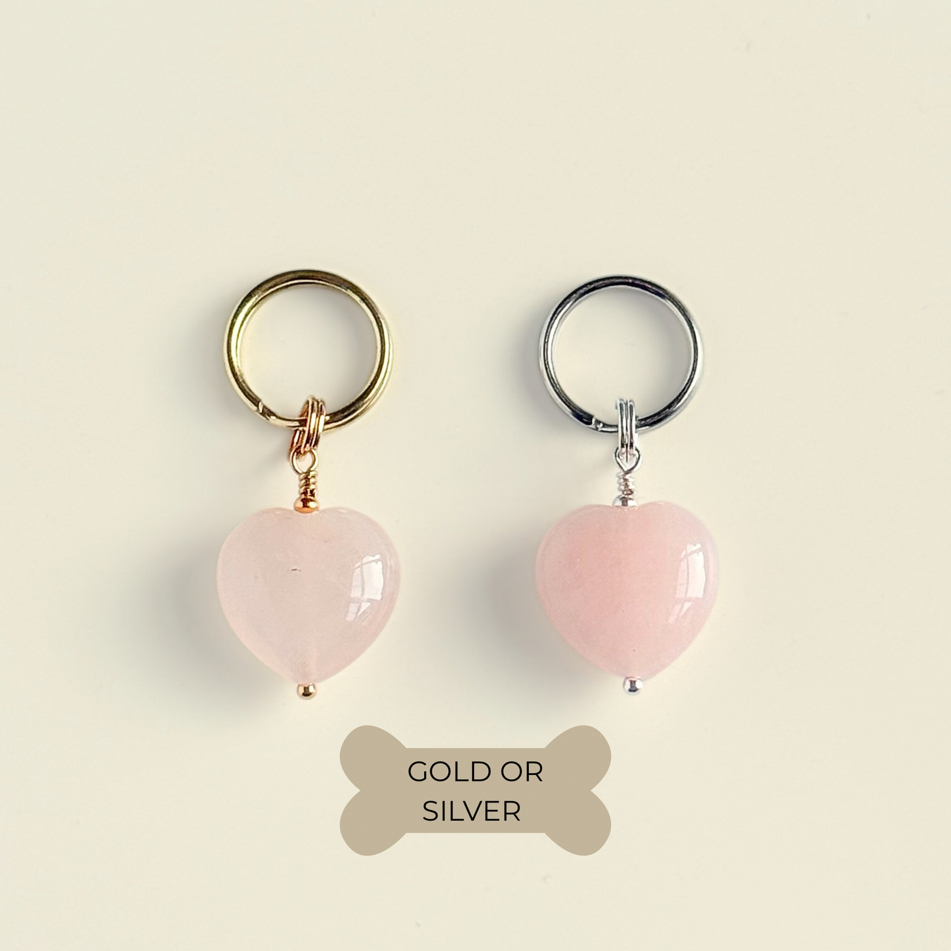 Handmade dog collar charm featuring a 15mm pink rose quartz natural gemstone crystal bead. Hung on a gold plated brass split ring that attaches onto your pet collar. Rose quartz can help pets with love, comfort and calming. Pictured in both silver and gold.