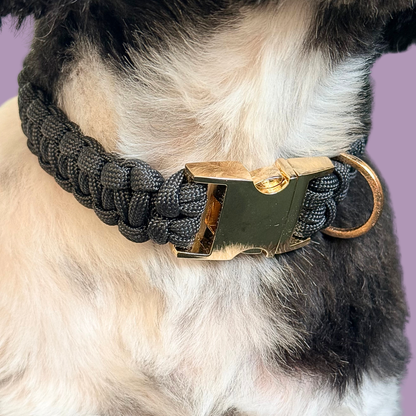 Custom made black paracord dog collar. Close up picture.