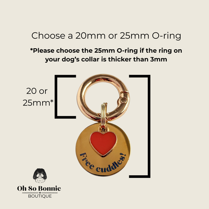 ‘Free Cuddles’ Red Enamel Heart Gold Dog Collar Charm & Engraved ID Tag