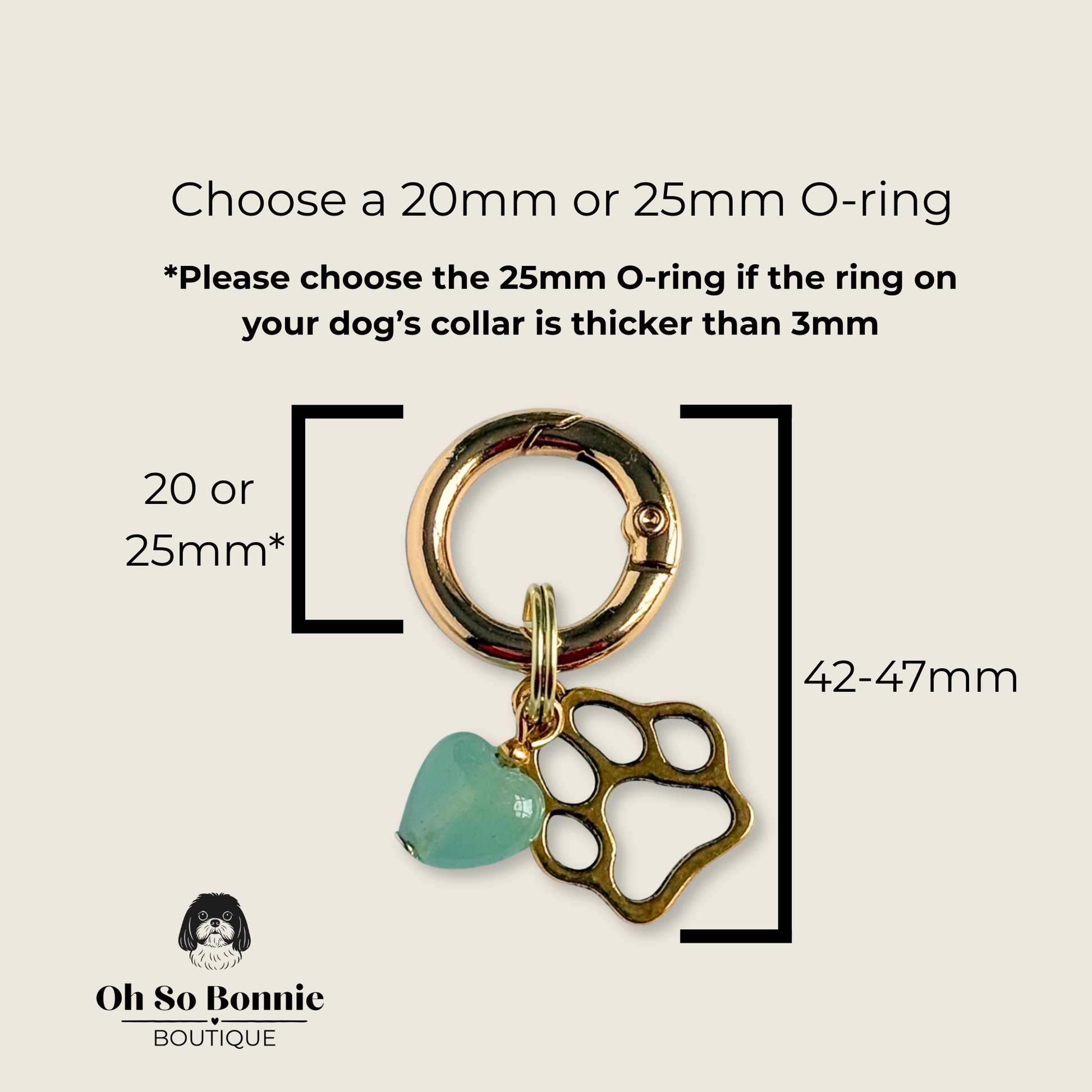 Crystal for dogs pet collar charm featuring a 10mm green aventurine heart shaped bead and a brass gold coloured paw print tag. A stone for comfort, healing and optimism. Pictured showing the dimensions.