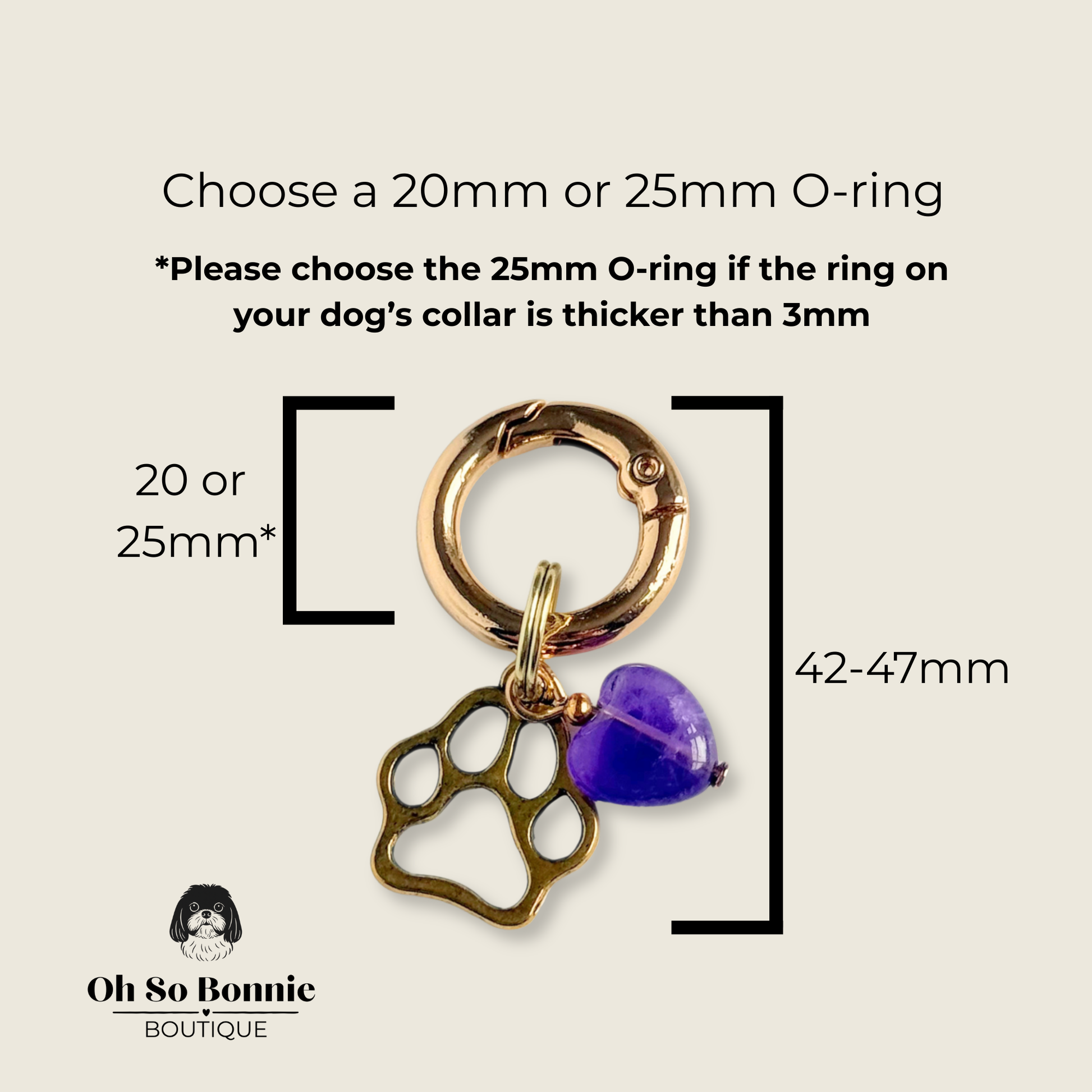 Crystal for dogs pet collar charm featuring a 10mm purple amethyst heart shaped bead and a brass gold coloured paw print tag. Pictured showing dimensions.