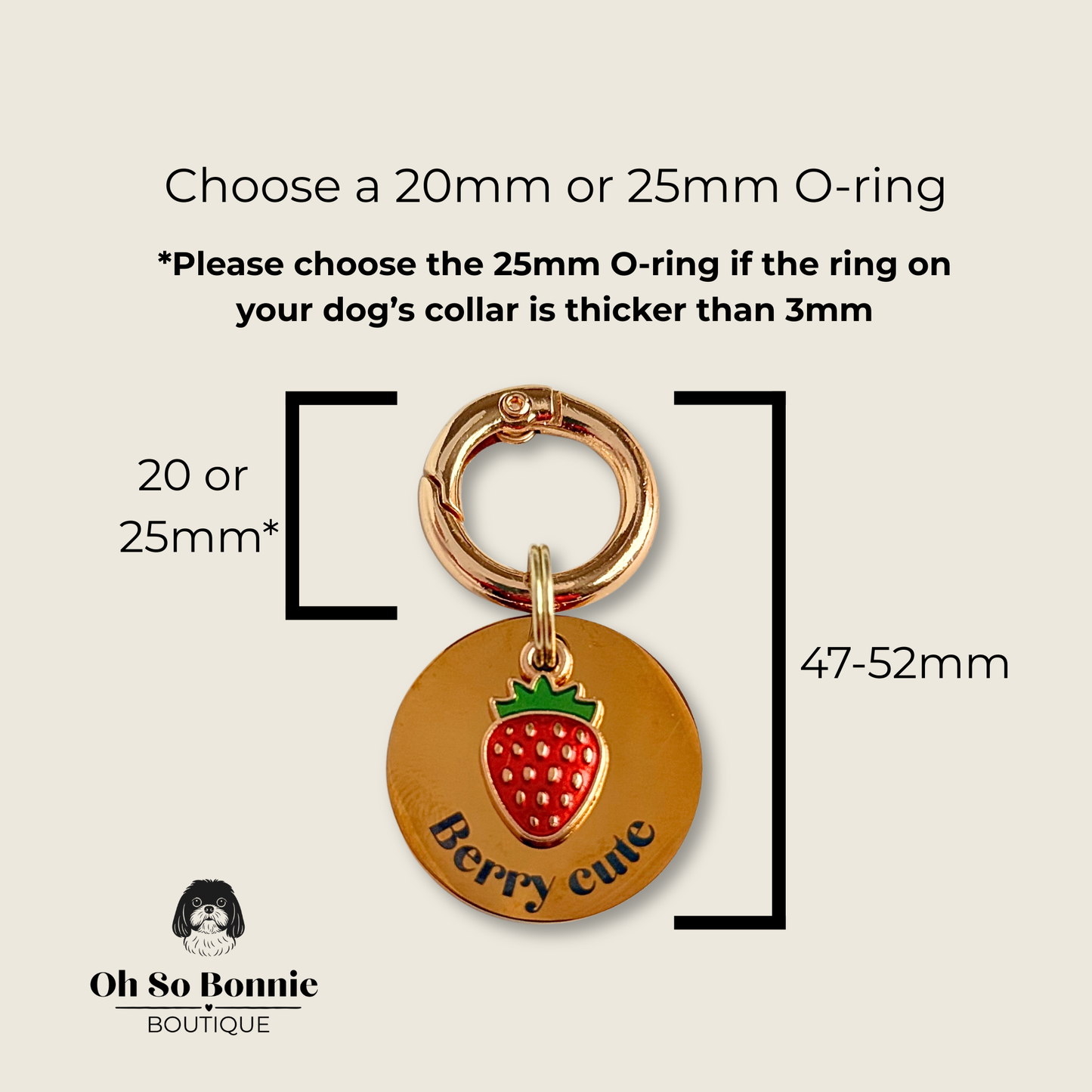 Gold red strawberry dog collar ID tag, Enamel fruit charm with dog name and address details. easily clips onto collar or harness. Pictured showing dimensions.