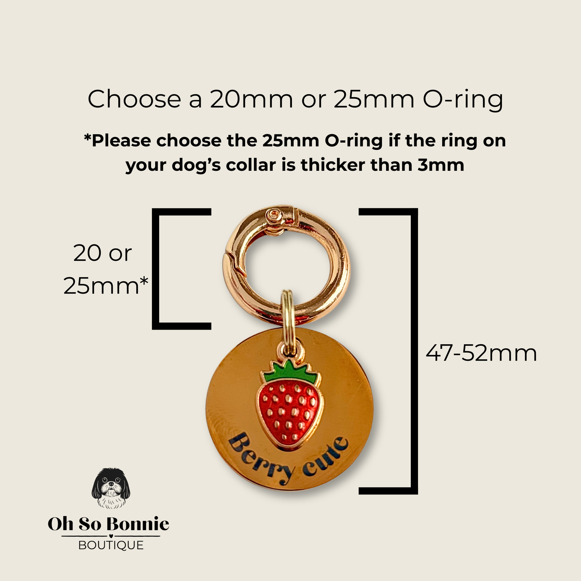 Gold red strawberry dog collar ID tag, Enamel fruit charm with dog name and address details. easily clips onto collar or harness. Pictured showing dimensions.