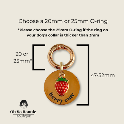 Gold red strawberry dog collar ID tag, Enamel fruit charm with dog name and address details. easily clips onto collar or harness. Pictured showing dimensions.