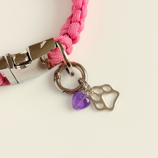 Crystal for dogs pet collar charm featuring a 10mm purple amethyst heart shaped bead and a brass silver coloured paw print tag. Pictured attached to a pink paracord collar.