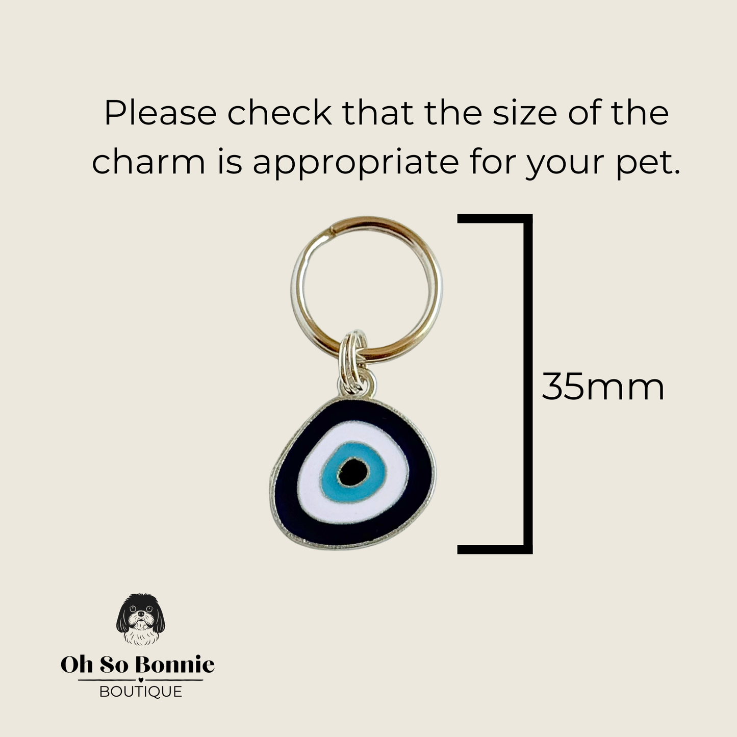 Silver plated blue turkish evil eye dog collar charm, for protection, security and grounding, 35mm easy to attach to pet collars. Picture shows the tag and it's dimensions.