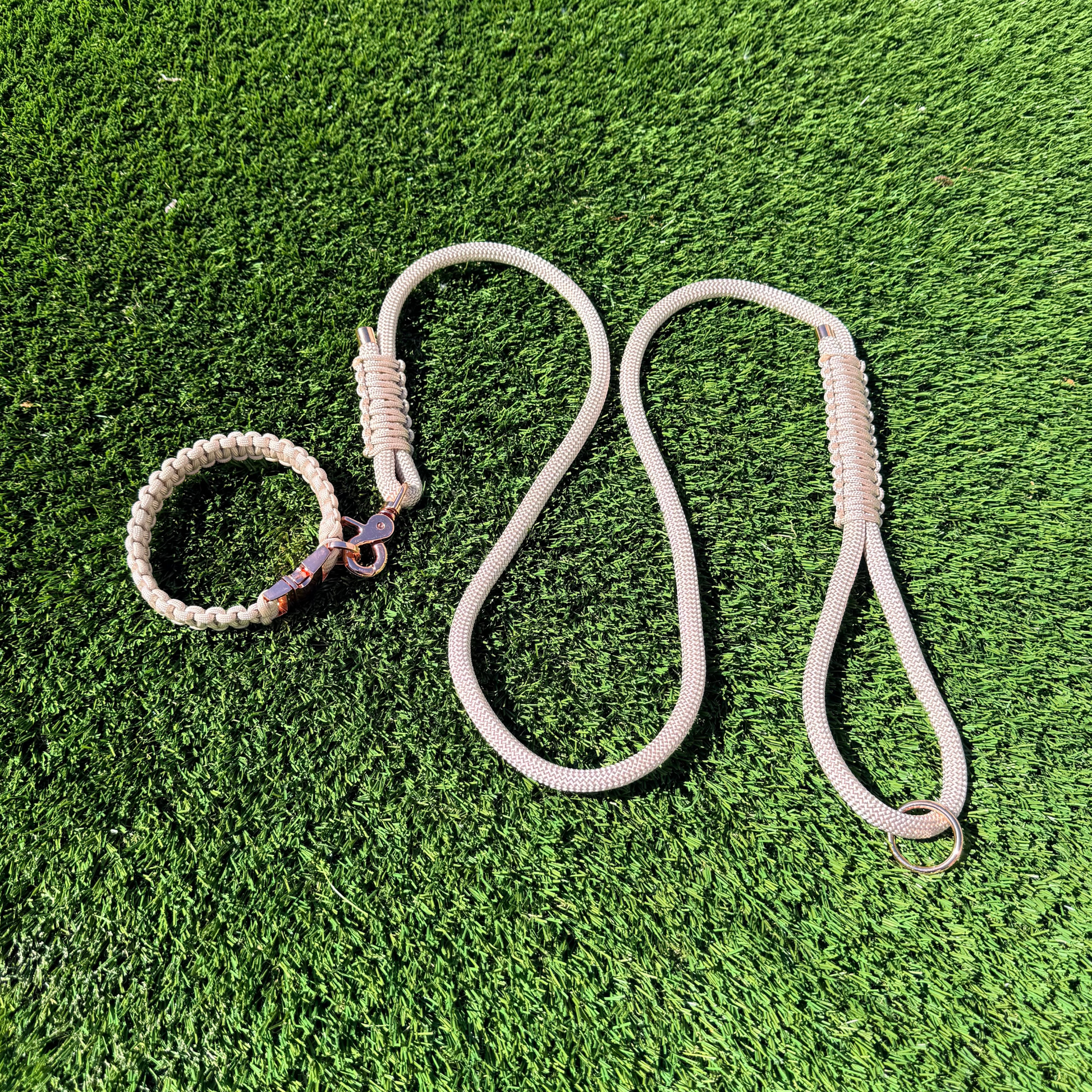 Custom made beige nylon rope dog collar set with matching paracord braided dog collar. Picture shows rose gold hardware option on a lawn